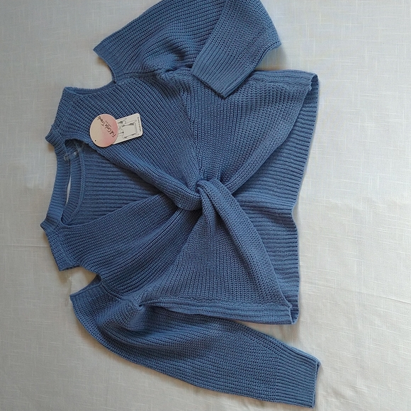 Blue Chocker twisted Ribbed Sweater Cold Shoulder Crop Wear Two Ways Size XL - Picture 10 of 14